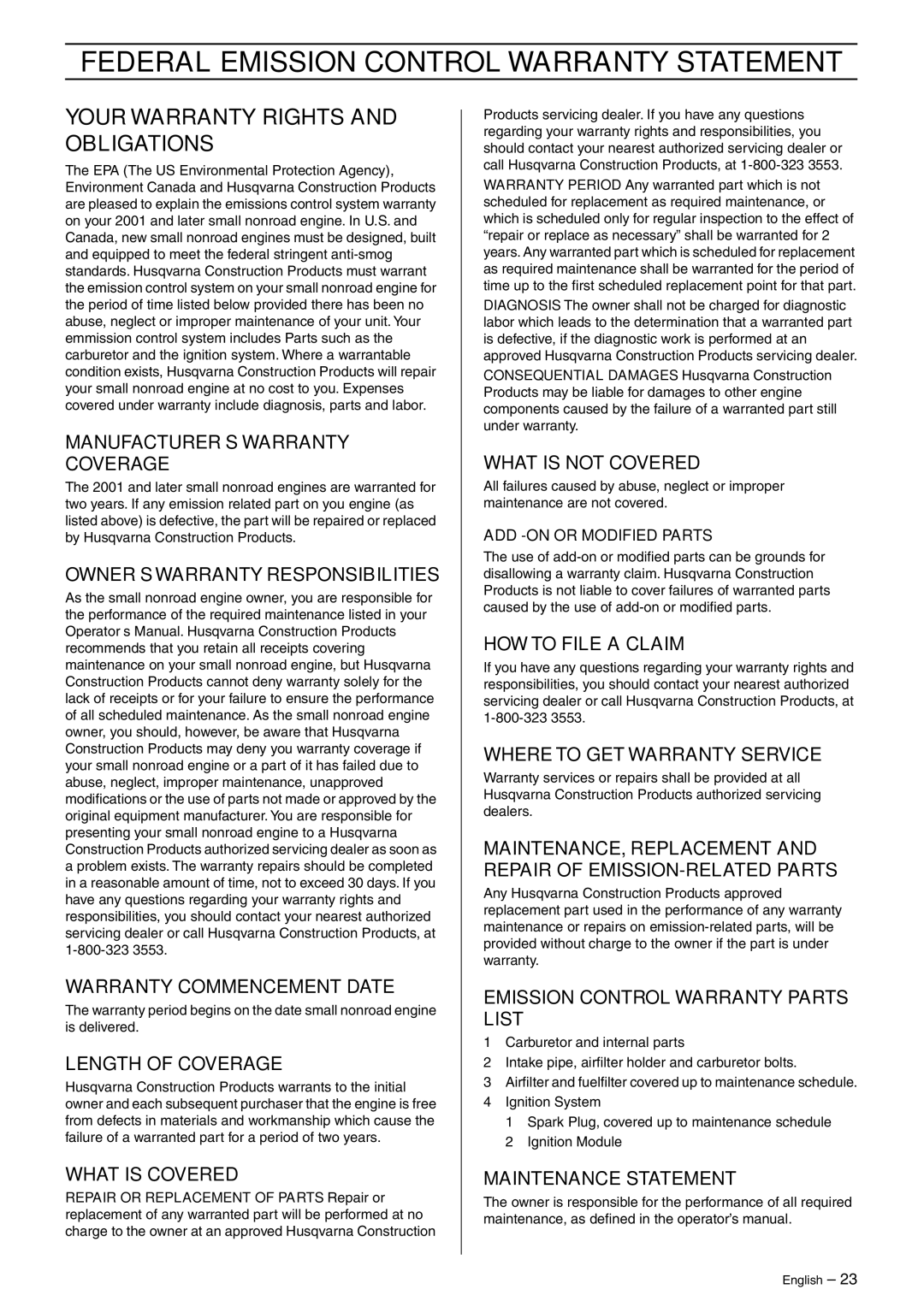 Husqvarna K750 manual Federal Emission Control Warranty Statement, Your Warranty Rights and Obligations 