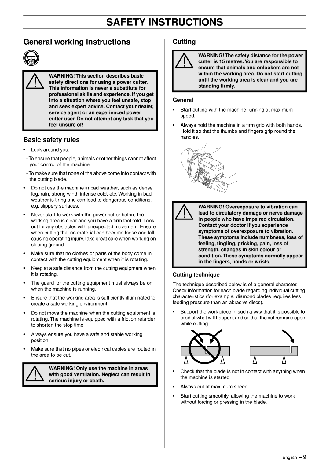 Husqvarna K750 manual General working instructions, Basic safety rules, Cutting technique 