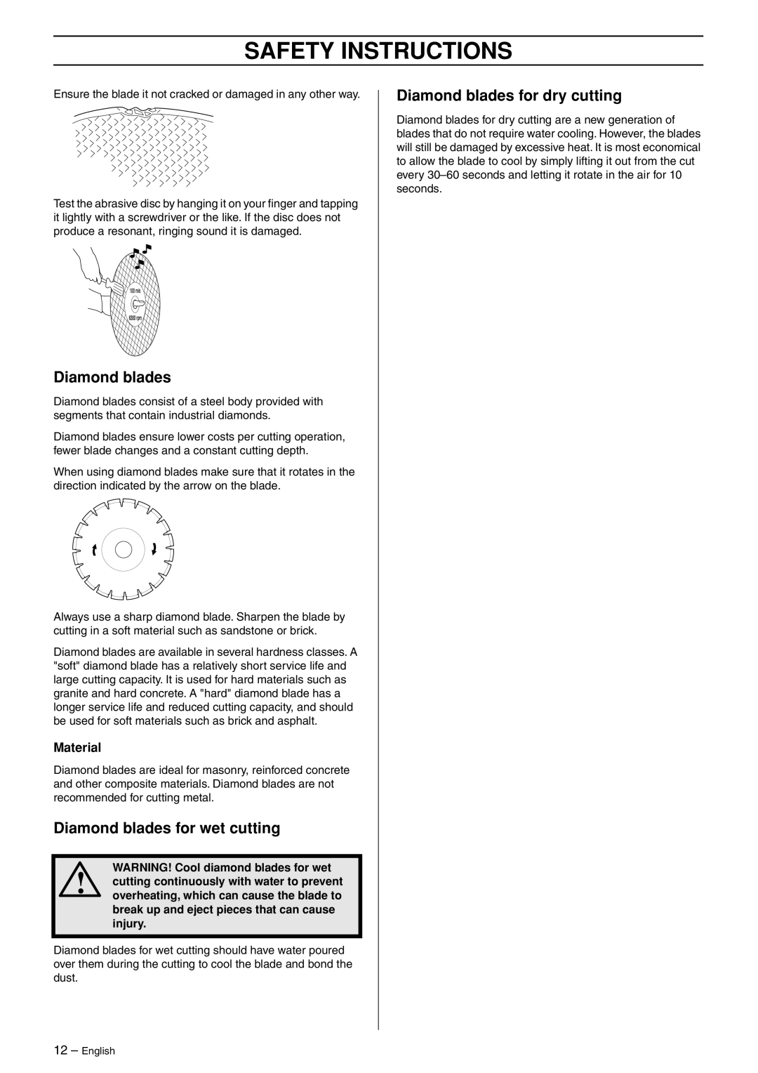 Husqvarna K750 manual Diamond blades for wet cutting, Diamond blades for dry cutting, Material 