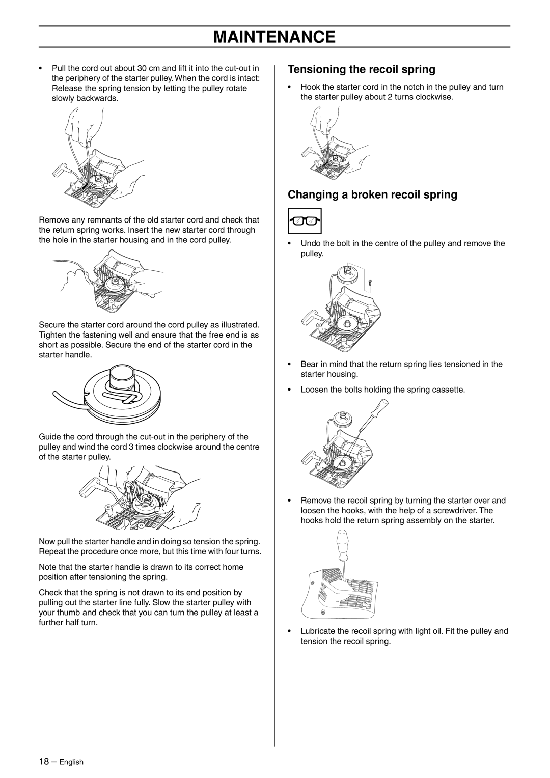 Husqvarna K750 manual Tensioning the recoil spring, Changing a broken recoil spring 