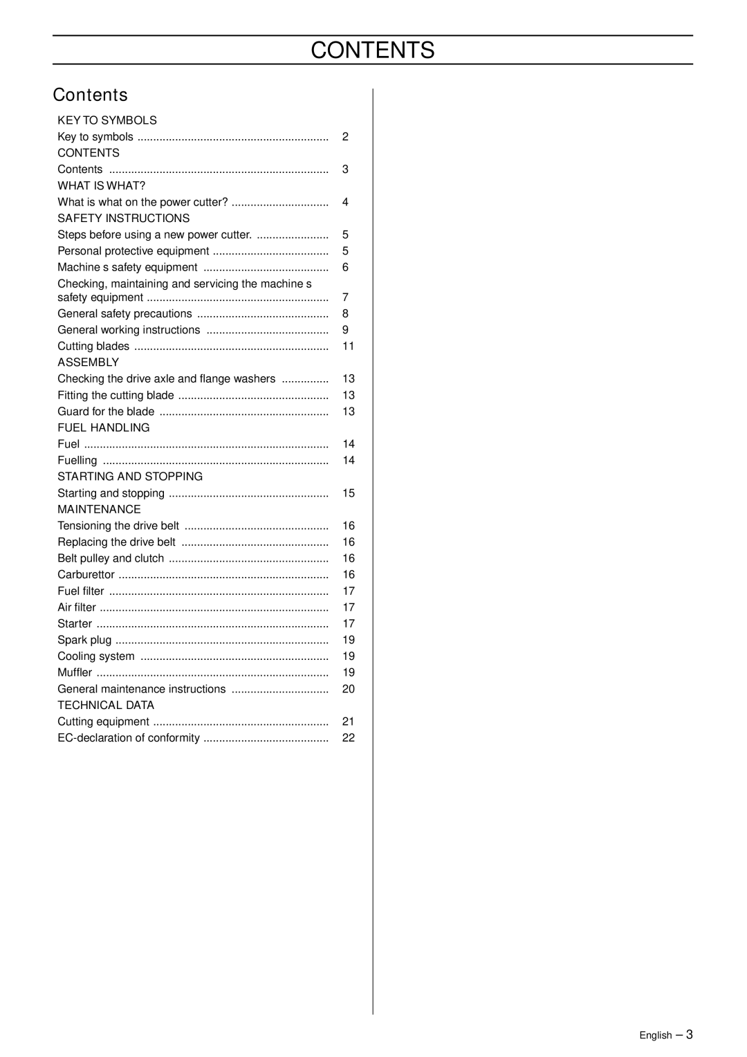 Husqvarna K750 manual Contents 