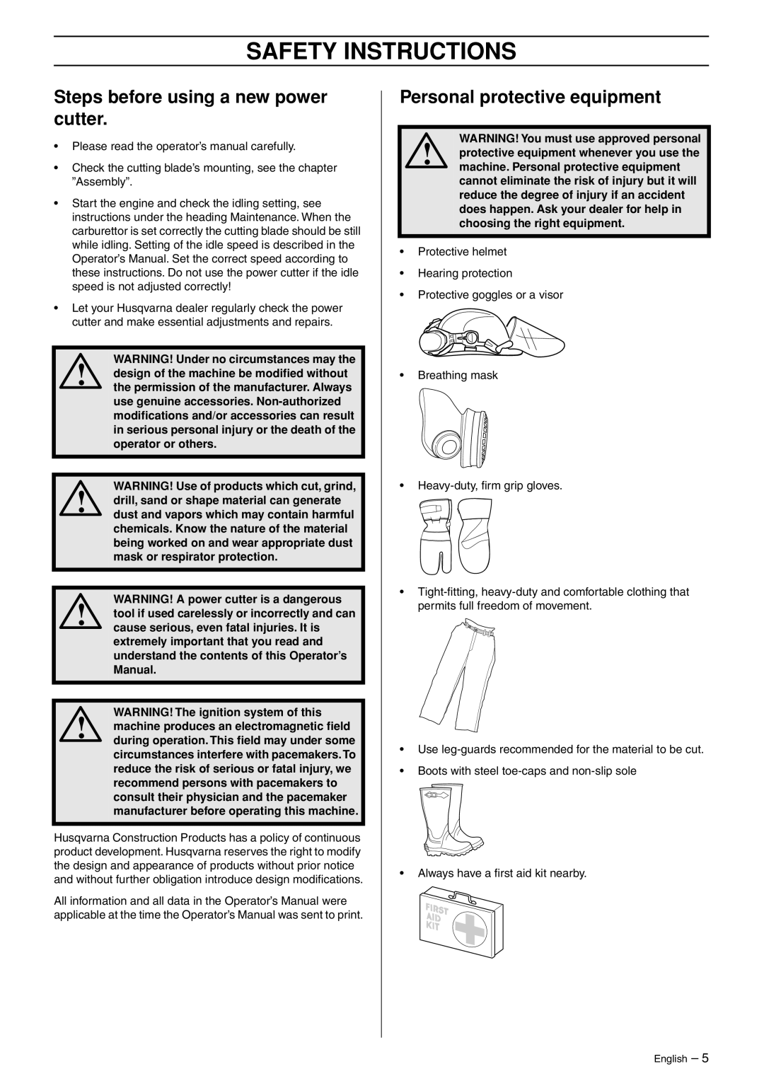 Husqvarna K750 manual Safety Instructions, Steps before using a new power cutter, Personal protective equipment 