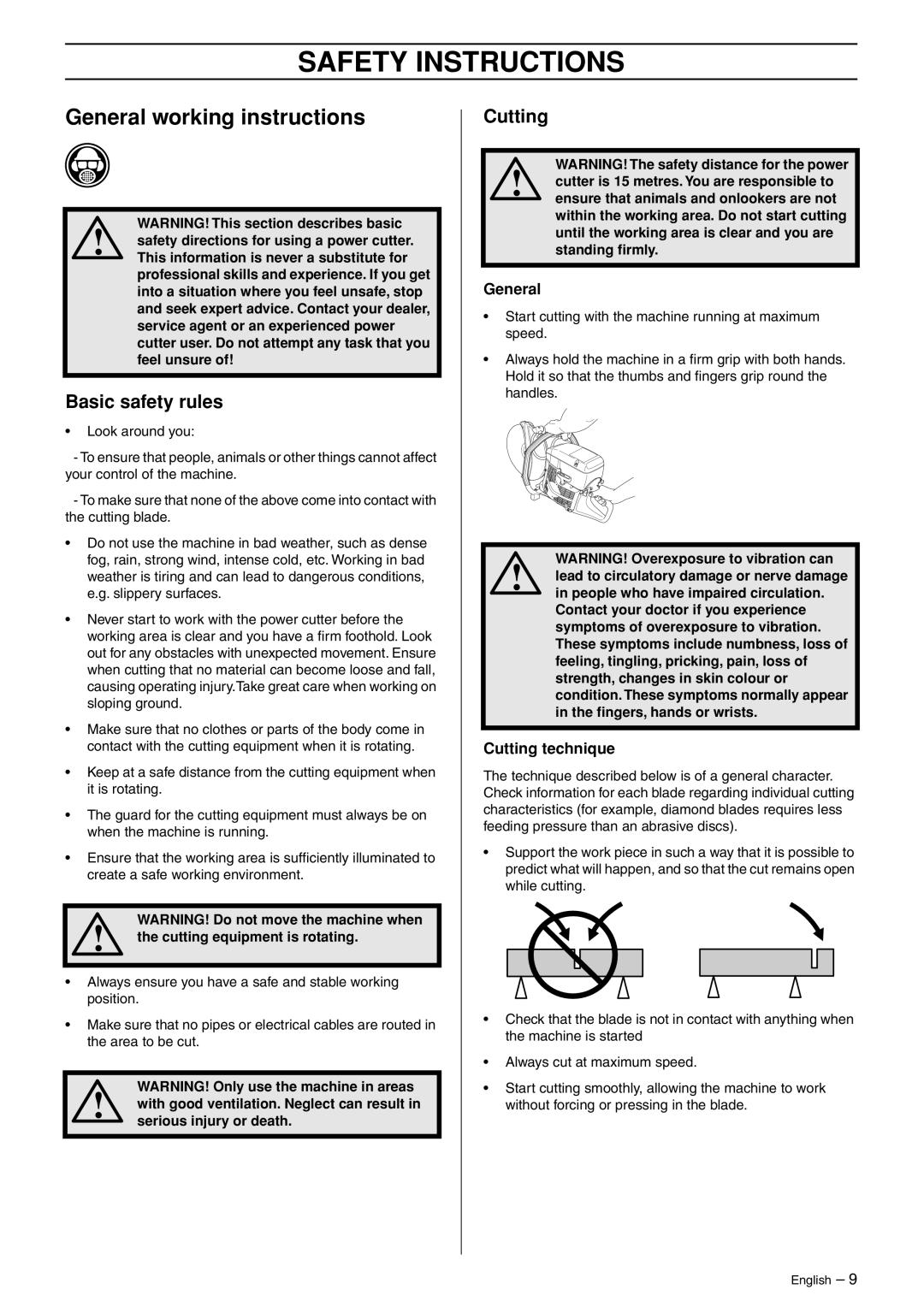 Husqvarna K750 manual General working instructions, Basic safety rules, Cutting technique, Safety Instructions 