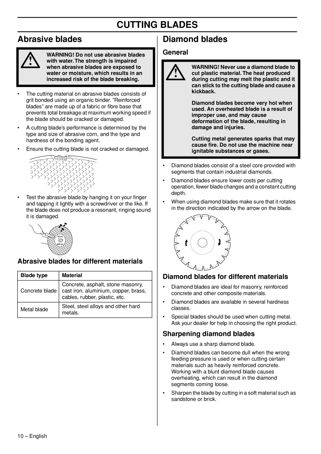 Husqvarna K760 Rescue manual Abrasive blades, Diamond blades 