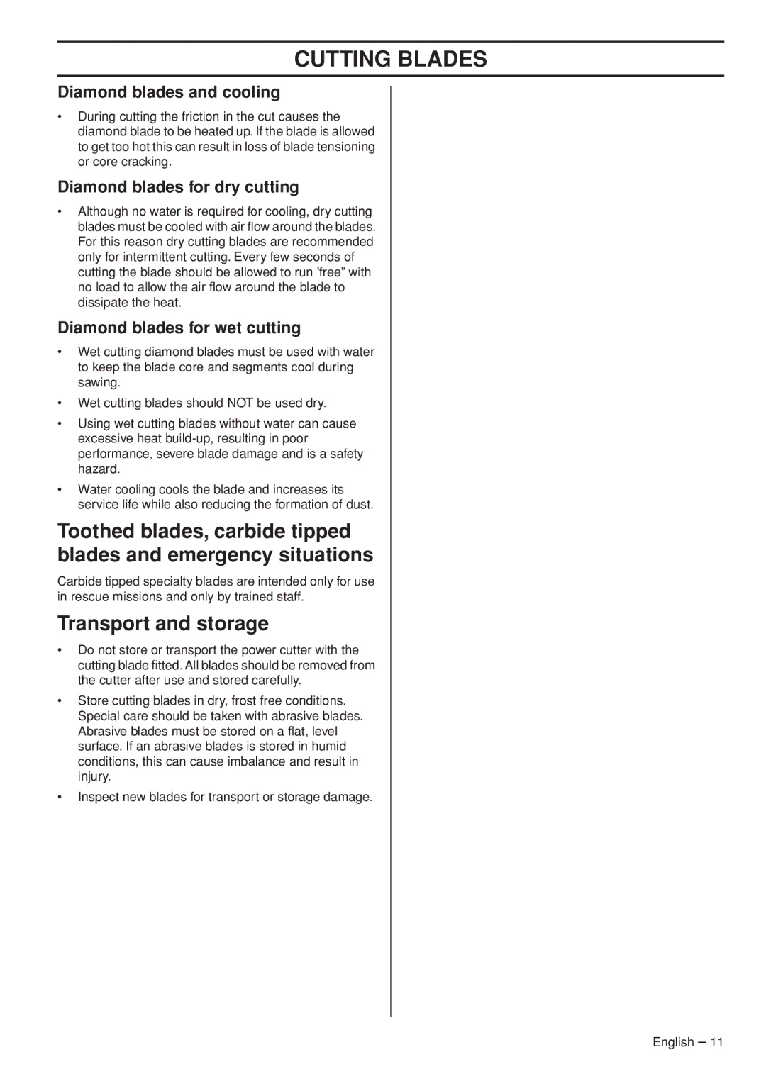 Husqvarna K760 Rescue manual Transport and storage, Diamond blades and cooling, Diamond blades for dry cutting 