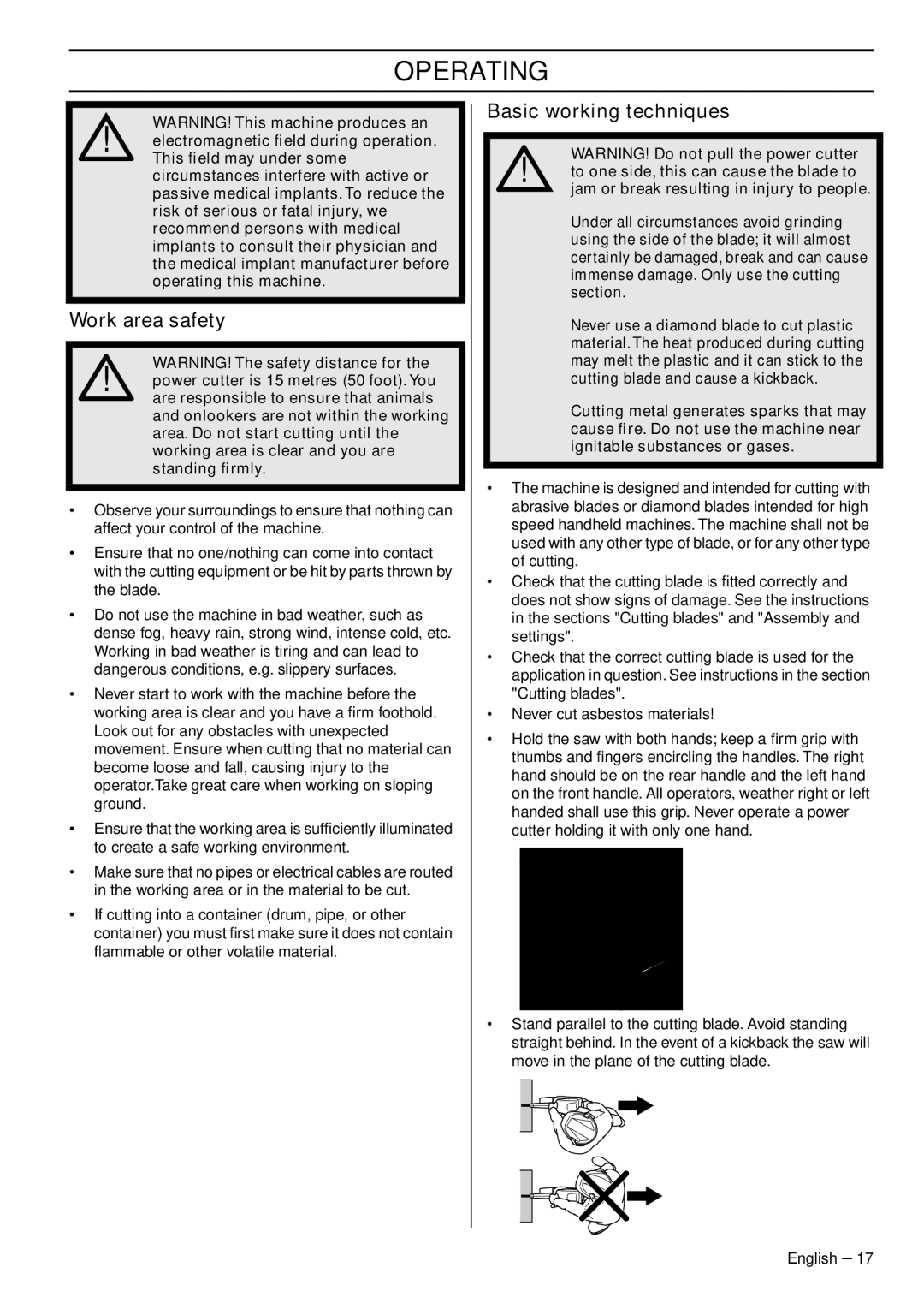 Husqvarna K760 Rescue manual Work area safety, Basic working techniques 