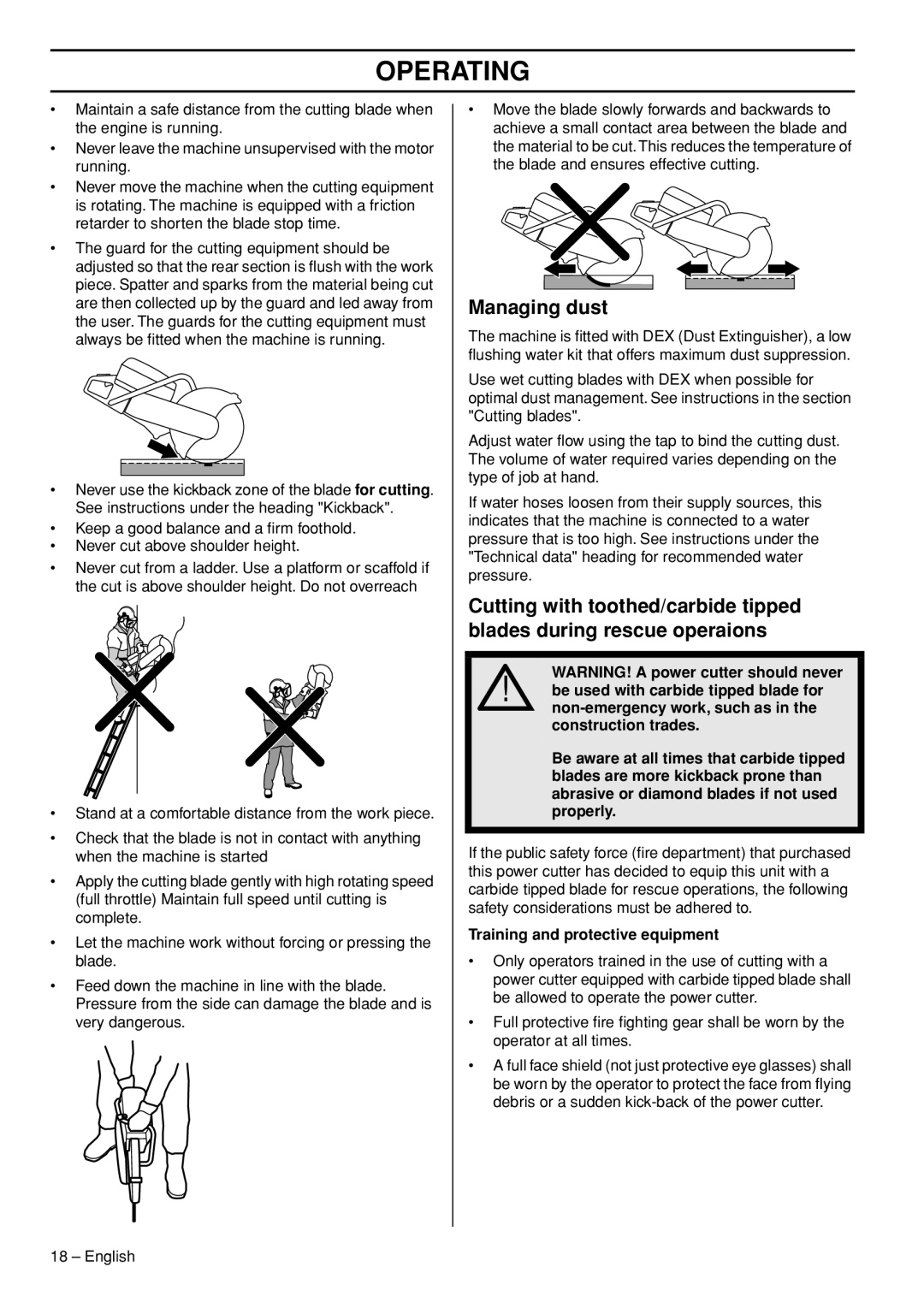 Husqvarna K760 Rescue manual Managing dust, Training and protective equipment 