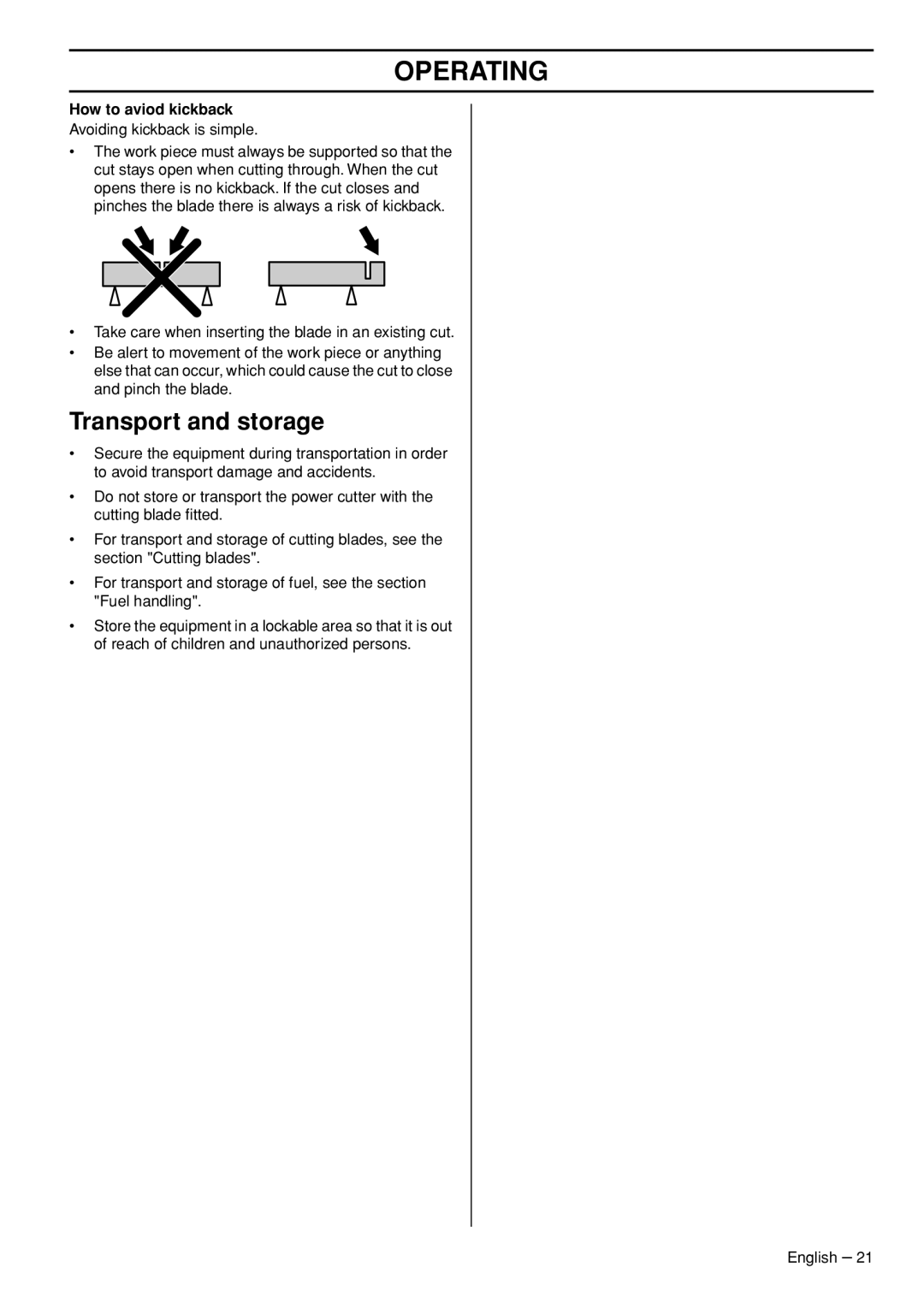 Husqvarna K760 Rescue manual Transport and storage, How to aviod kickback 