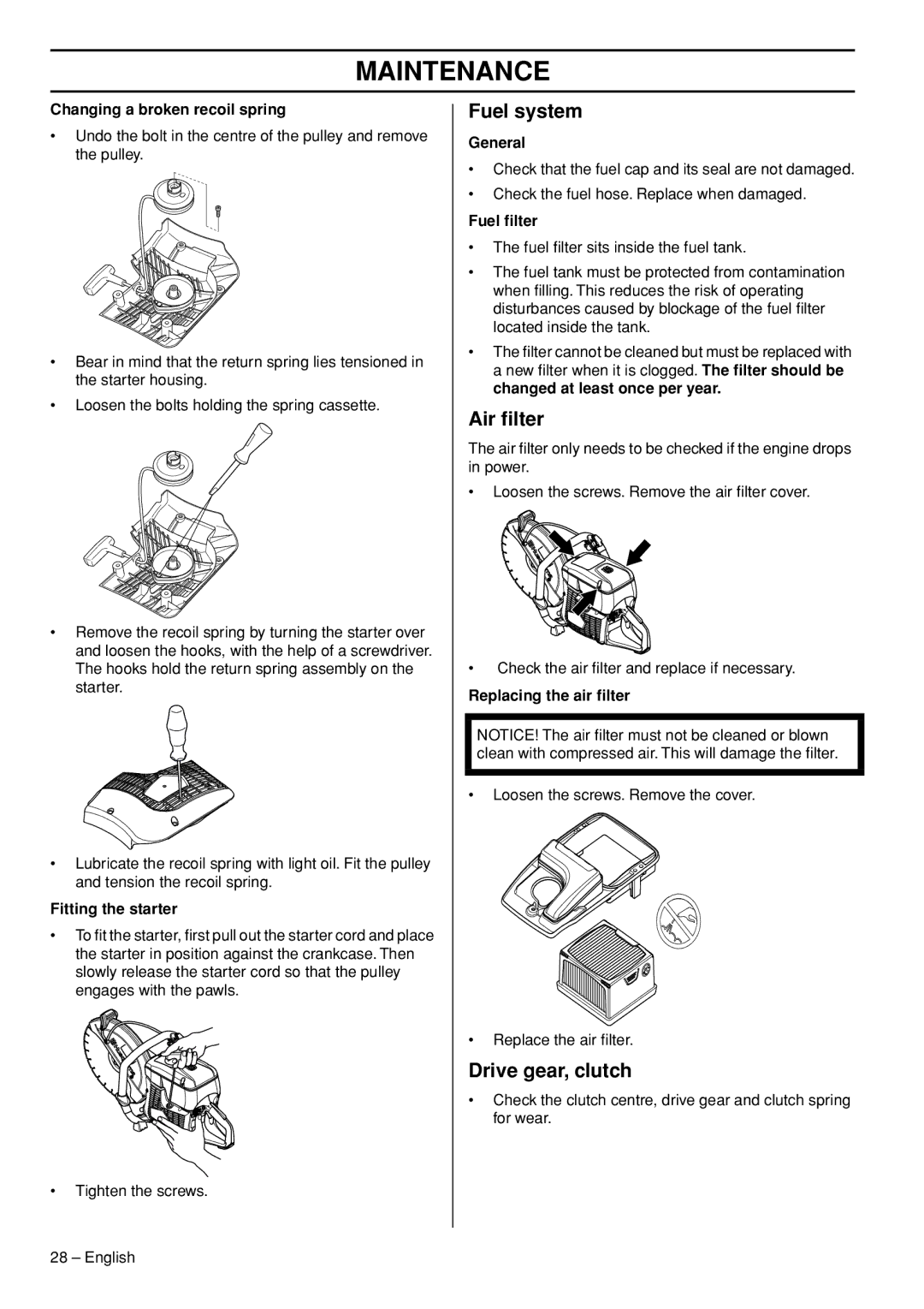 Husqvarna K760 Rescue manual Fuel system, Air ﬁlter, Drive gear, clutch 