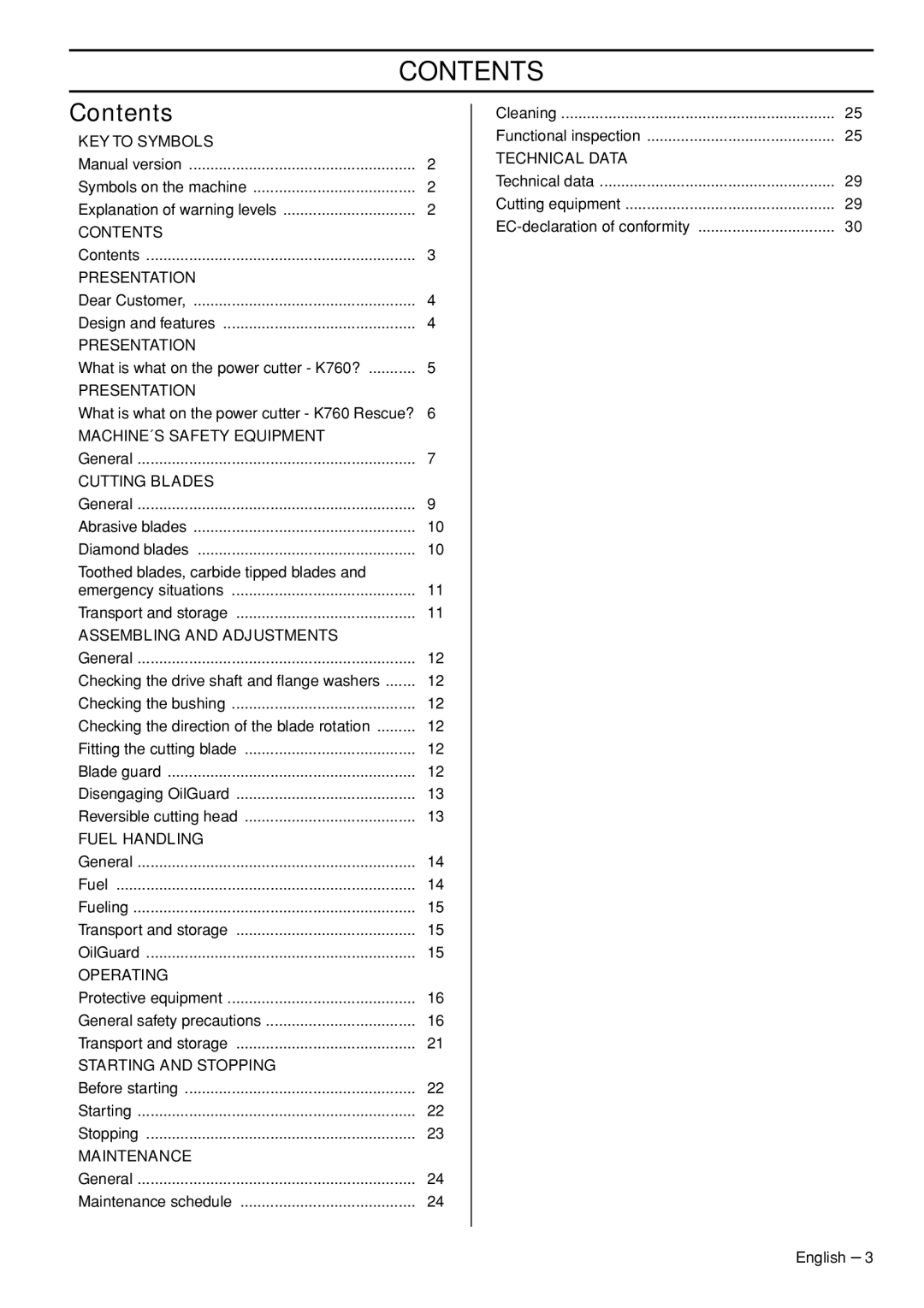 Husqvarna K760 Rescue manual Contents 