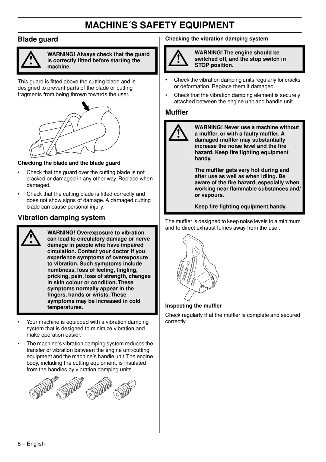 Husqvarna K760 Rescue manual Blade guard, Vibration damping system, Mufﬂer 