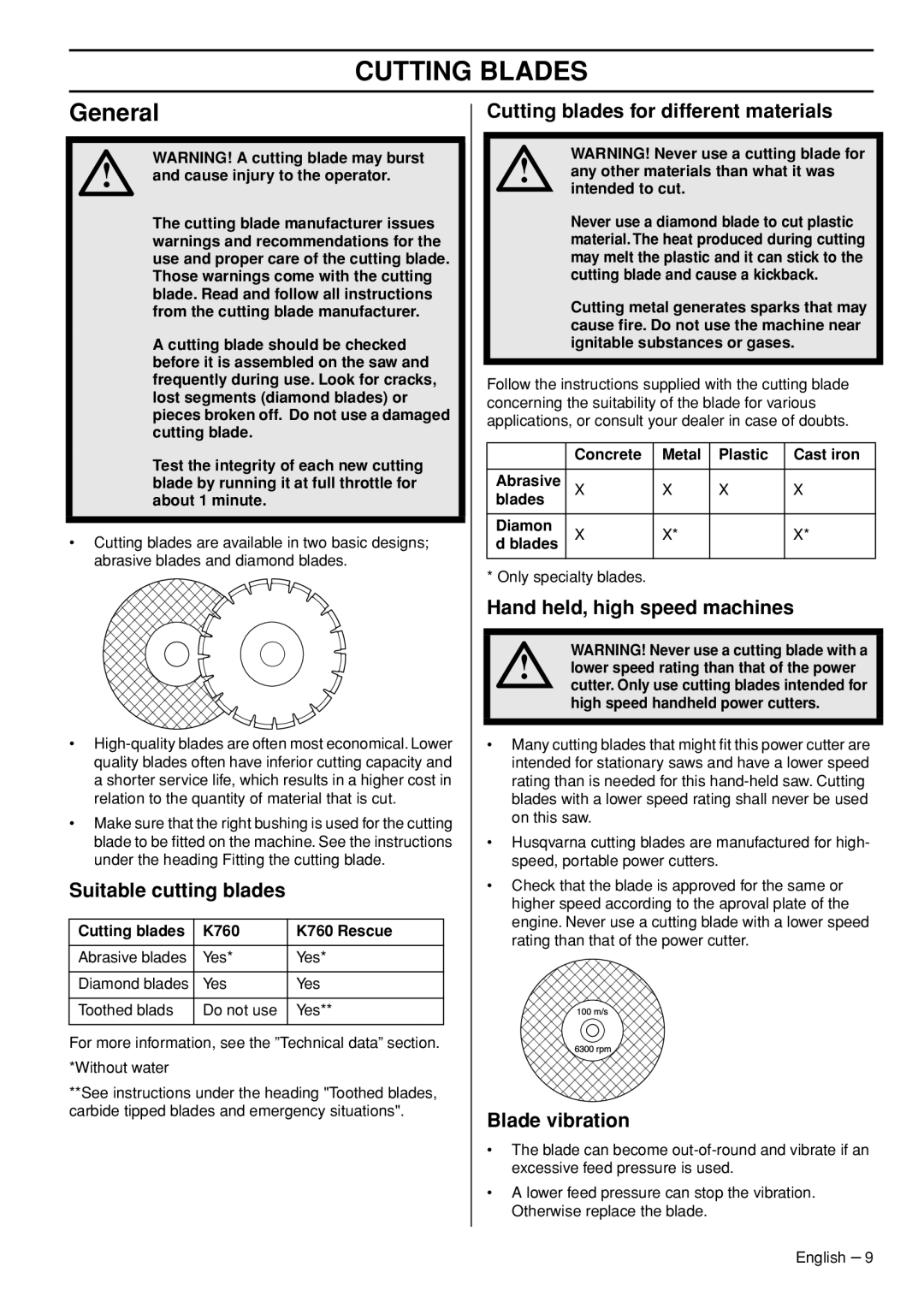 Husqvarna K760 manual Cutting Blades, Suitable cutting blades, Cutting blades for different materials, Blade vibration 