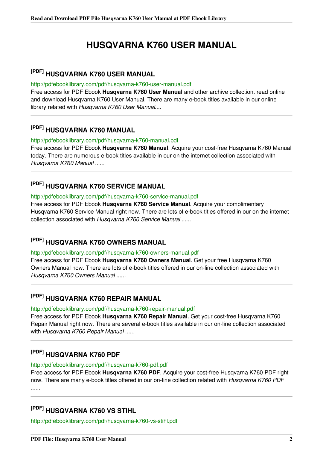 Husqvarna user manual Husqvarna K760 Manual 