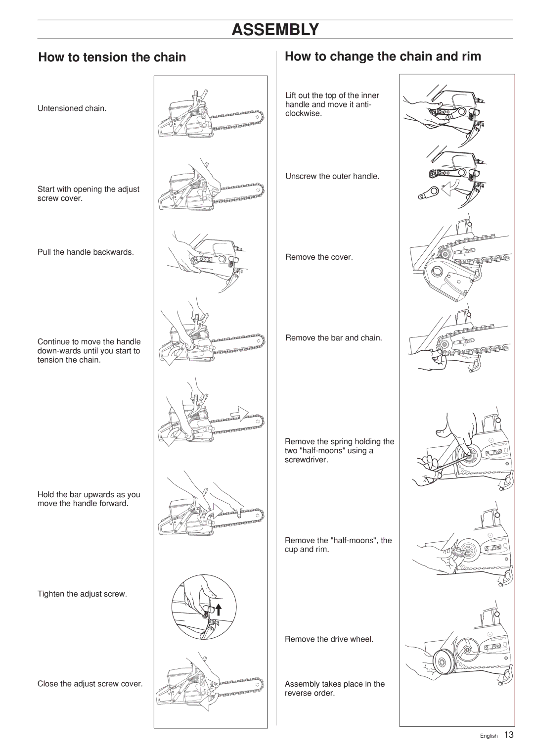 Husqvarna K950 CHAIN manual Assembly, How to tension the chain How to change the chain and rim 