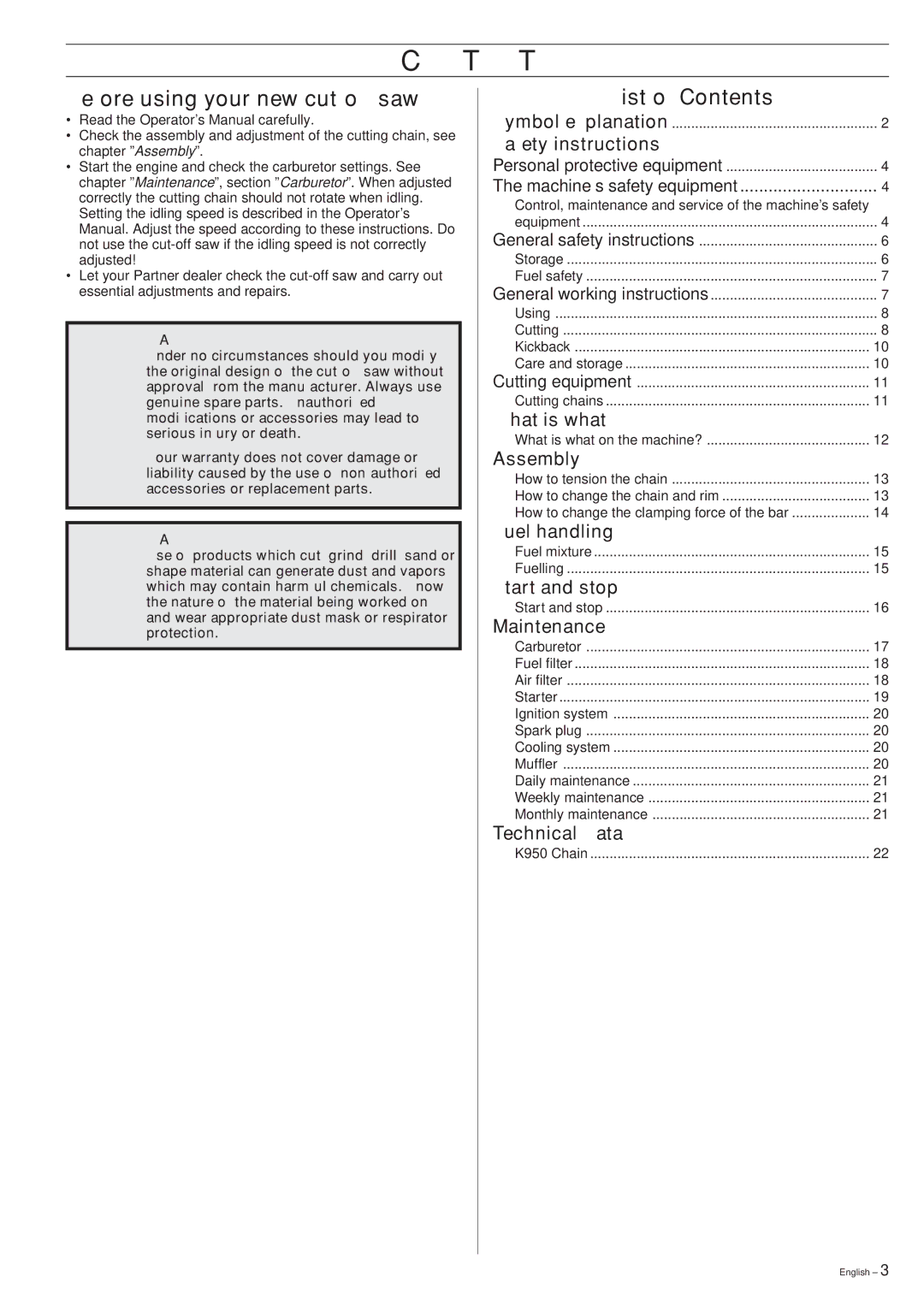 Husqvarna K950 CHAIN manual Contents 