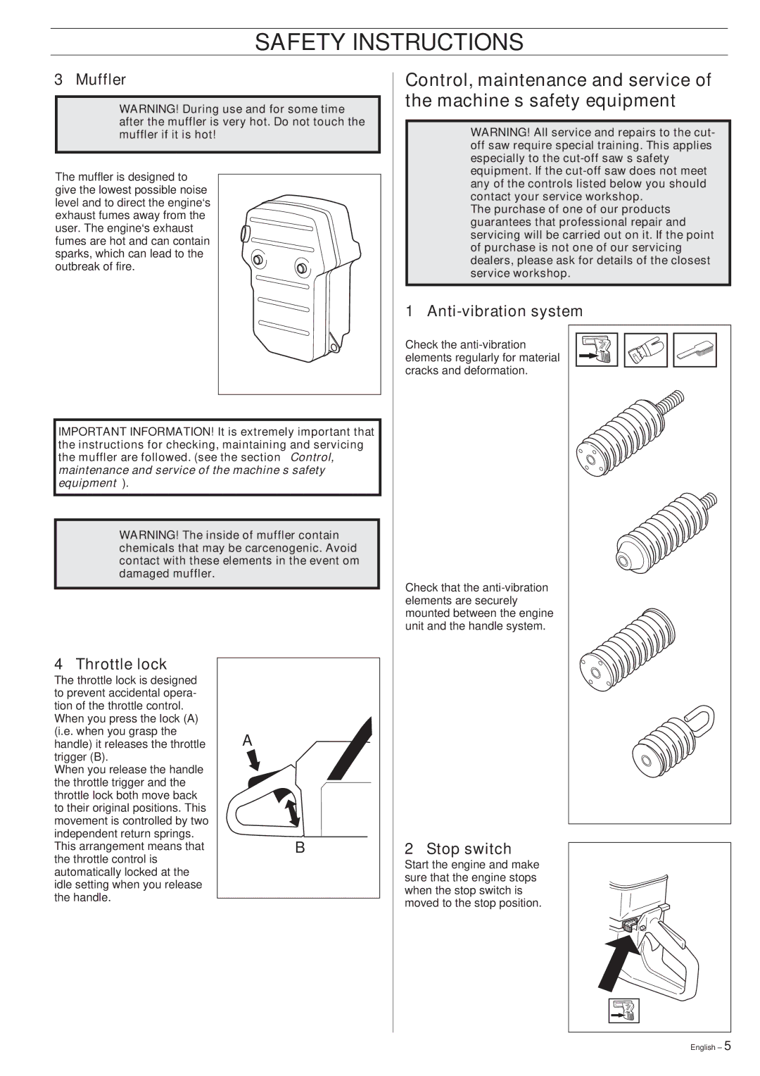 Husqvarna K950 CHAIN manual Muffler, Throttle lock 