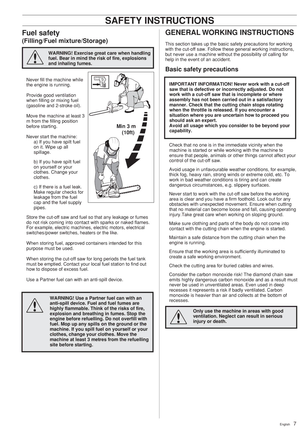 Husqvarna K950 CHAIN Fuel safety, General Working Instructions, Filling/Fuel mixture/Storage, Basic safety precautions 