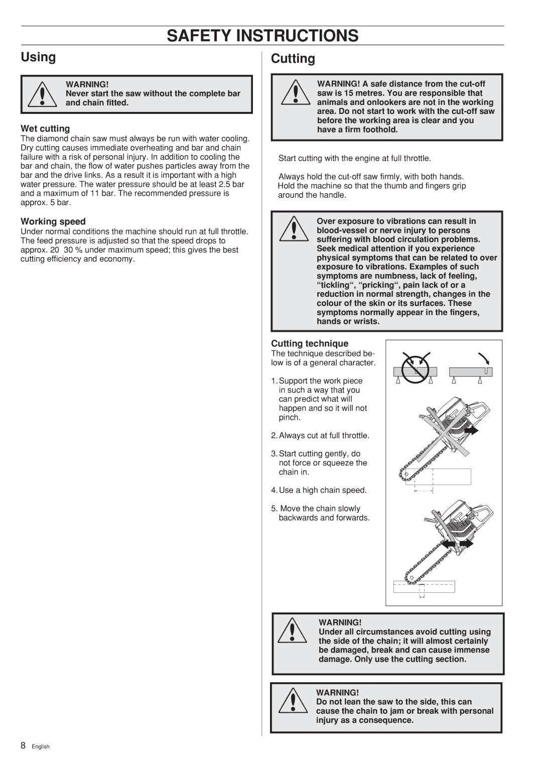 Husqvarna K950 CHAIN manual Using Cutting, Wet cutting, Working speed, Cutting technique 