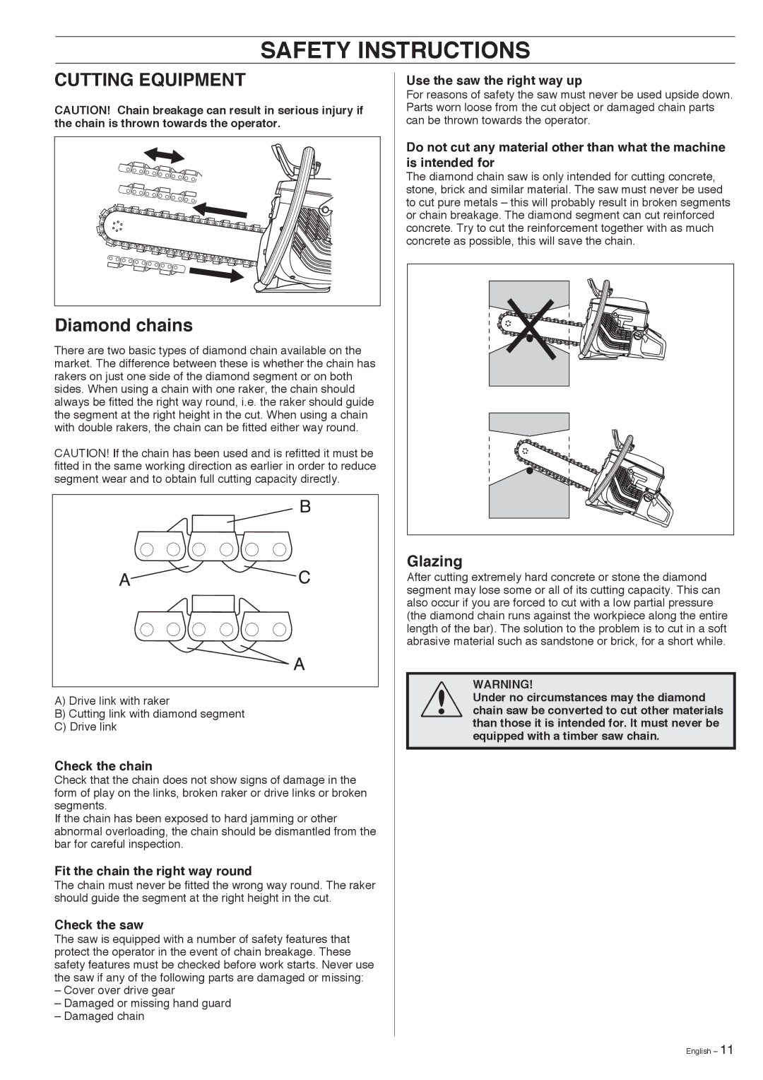 Husqvarna K950 manual Cutting Equipment, Diamond chains, Glazing 