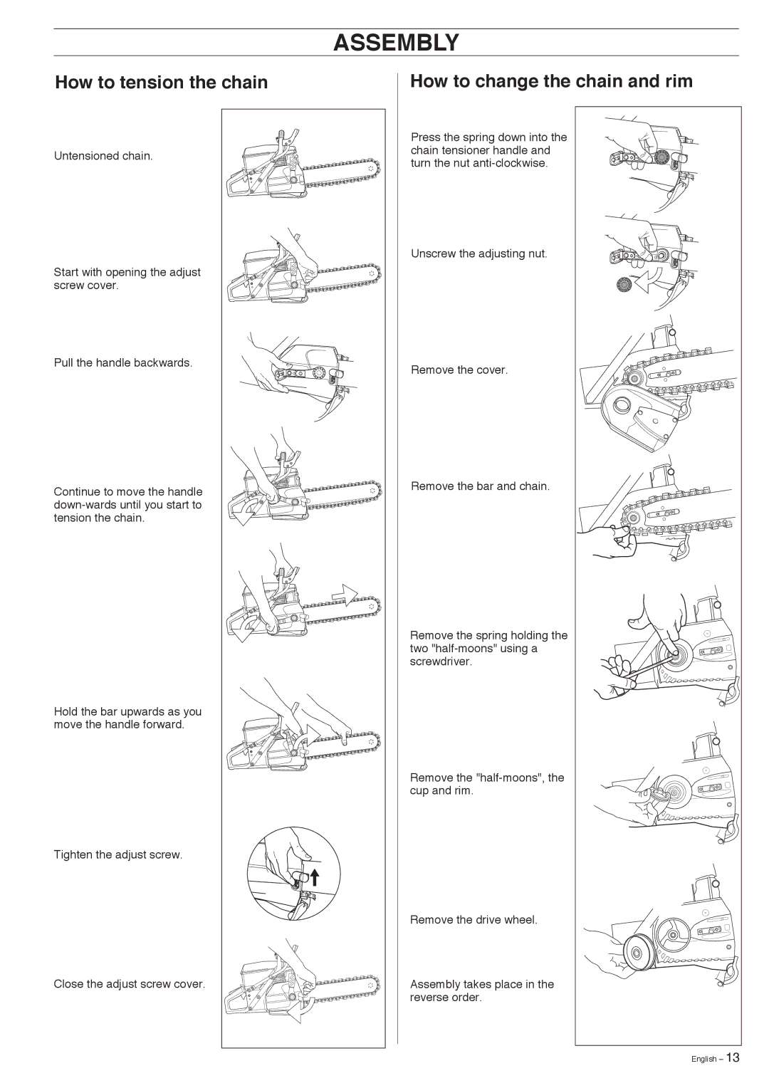 Husqvarna K950 manual Assembly, How to tension the chain How to change the chain and rim 