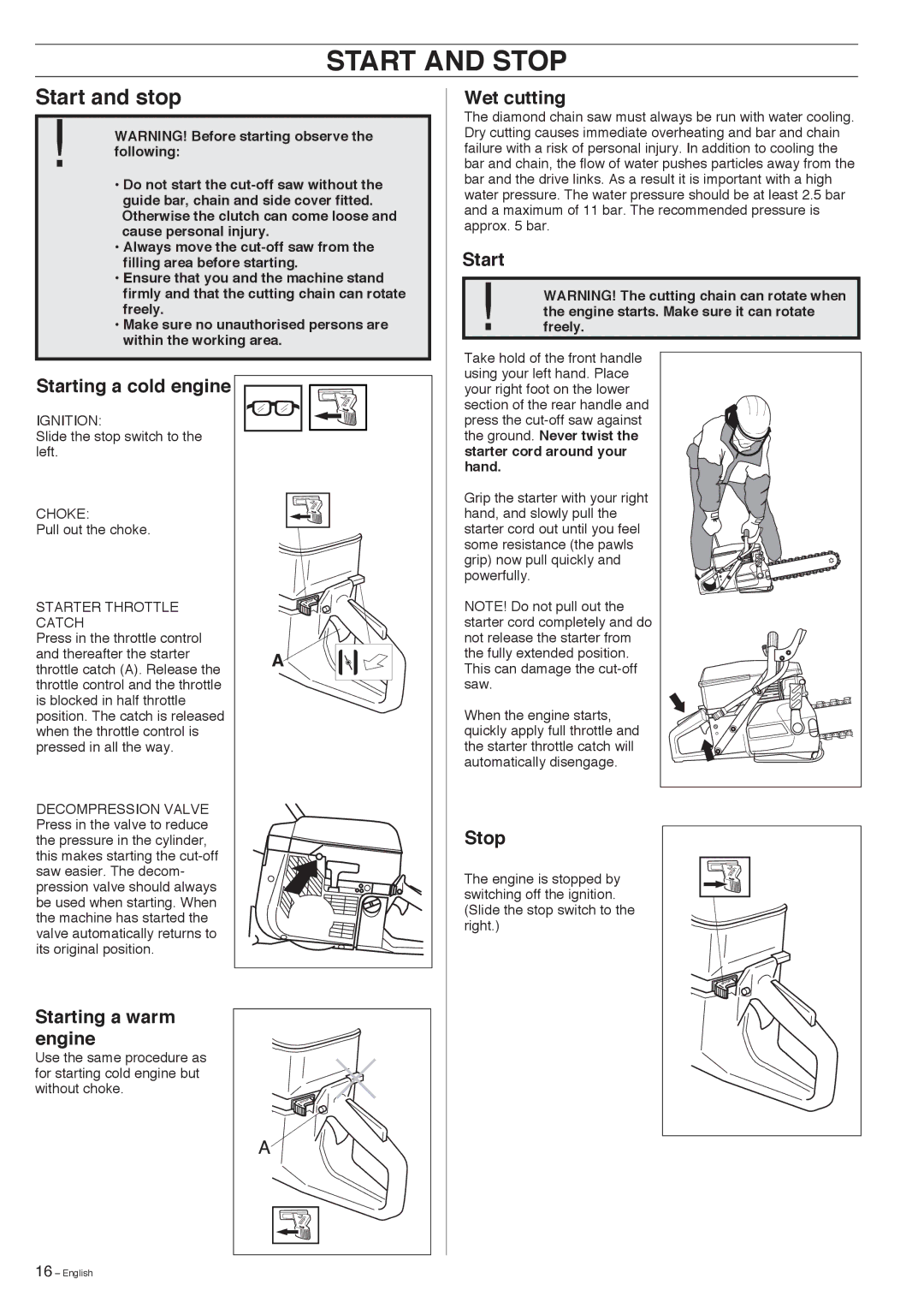 Husqvarna K950 manual Start and Stop, Start and stop 