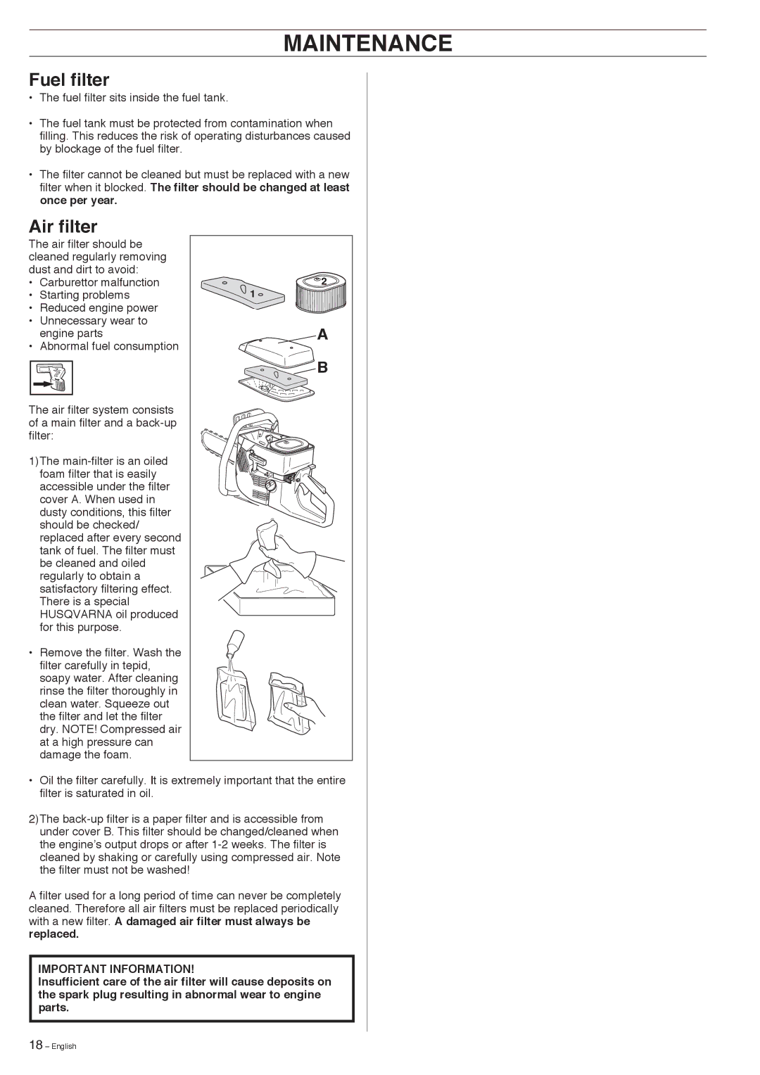 Husqvarna K950 manual Fuel filter, Air filter 