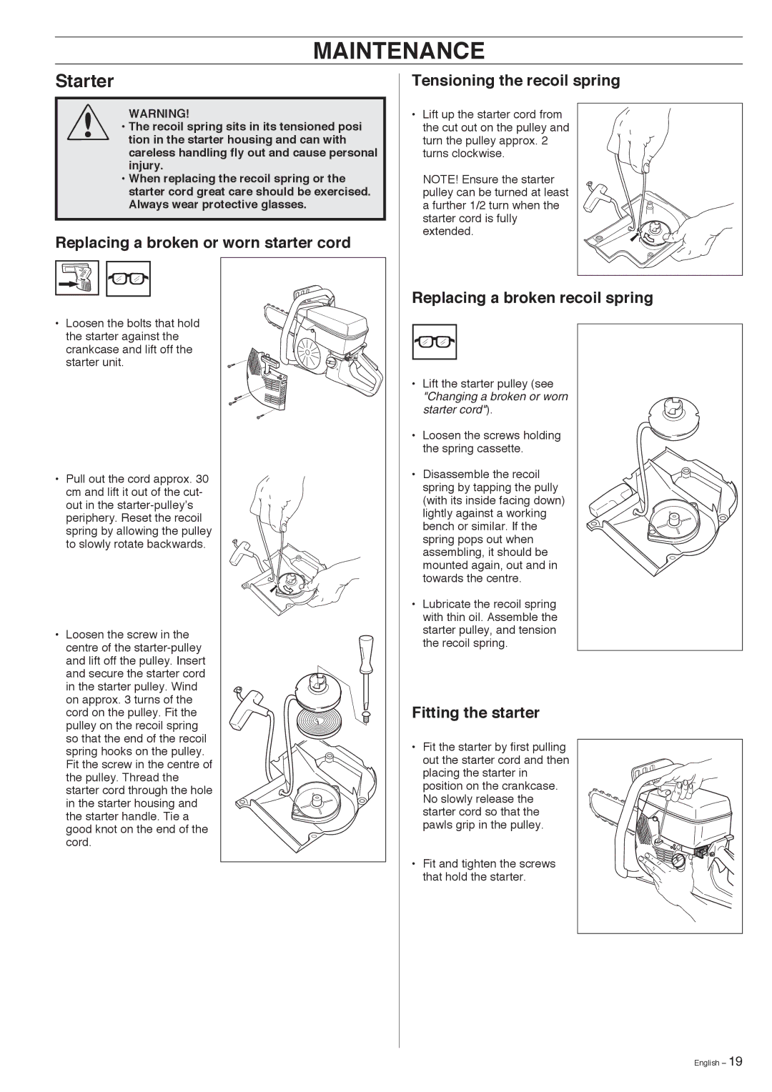 Husqvarna K950 manual Starter, Replacing a broken or worn starter cord, Tensioning the recoil spring, Fitting the starter 