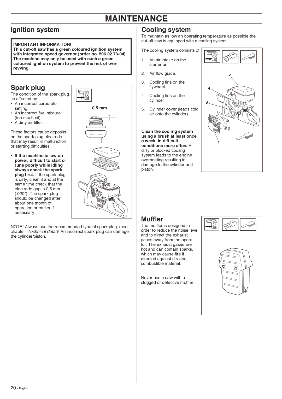 Husqvarna K950 manual Ignition system, Cooling system, Spark plug, Muffler 