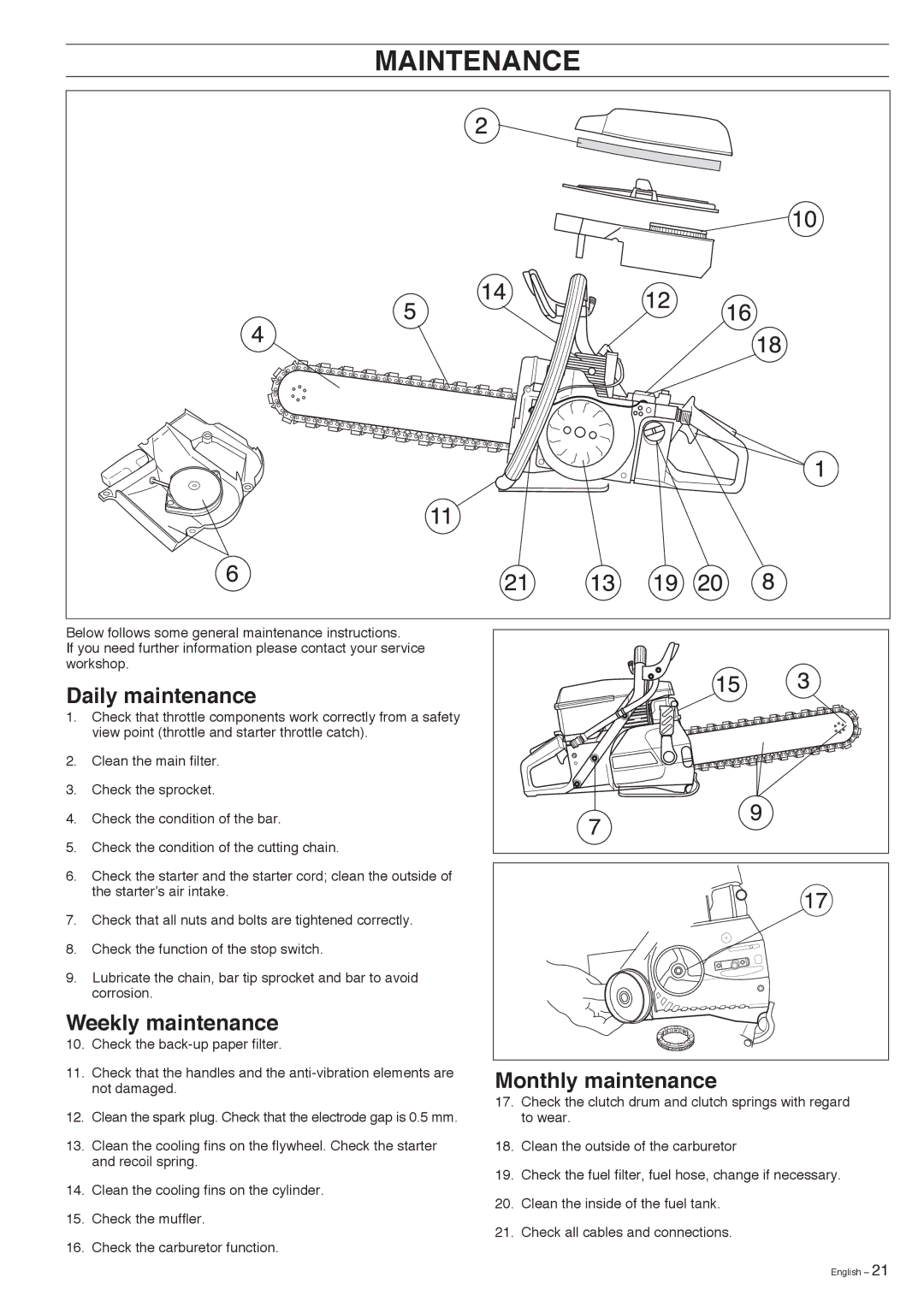 Husqvarna K950 manual Daily maintenance, Weekly maintenance, Monthly maintenance 