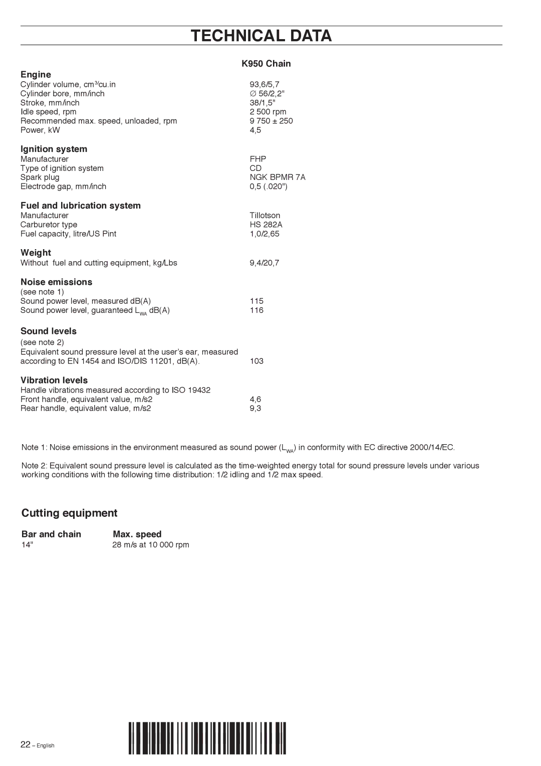 Husqvarna K950 manual Technical Data, Cutting equipment 