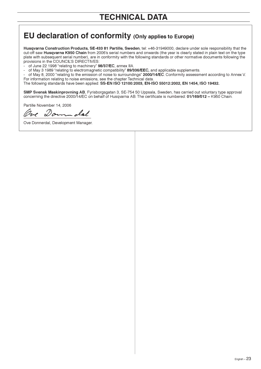 Husqvarna K950 manual EU declaration of conformity Only applies to Europe 