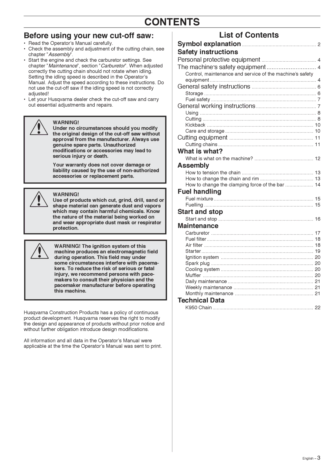 Husqvarna K950 manual Contents 