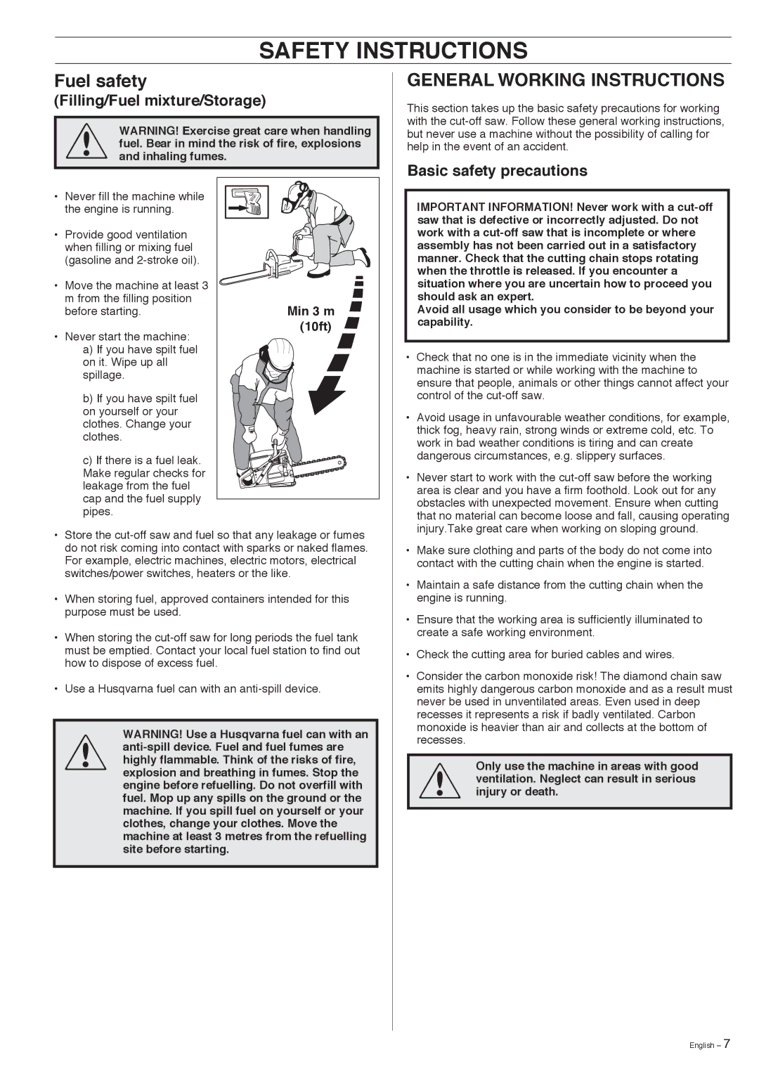 Husqvarna K950 manual Fuel safety, General Working Instructions, Filling/Fuel mixture/Storage, Basic safety precautions 