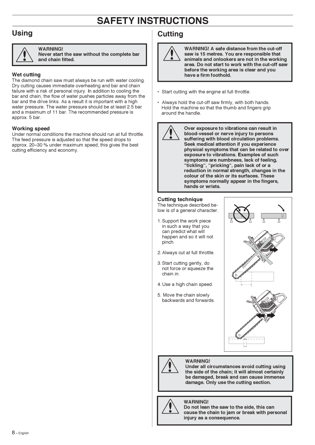 Husqvarna K950 manual Using Cutting, Wet cutting, Working speed, Cutting technique 