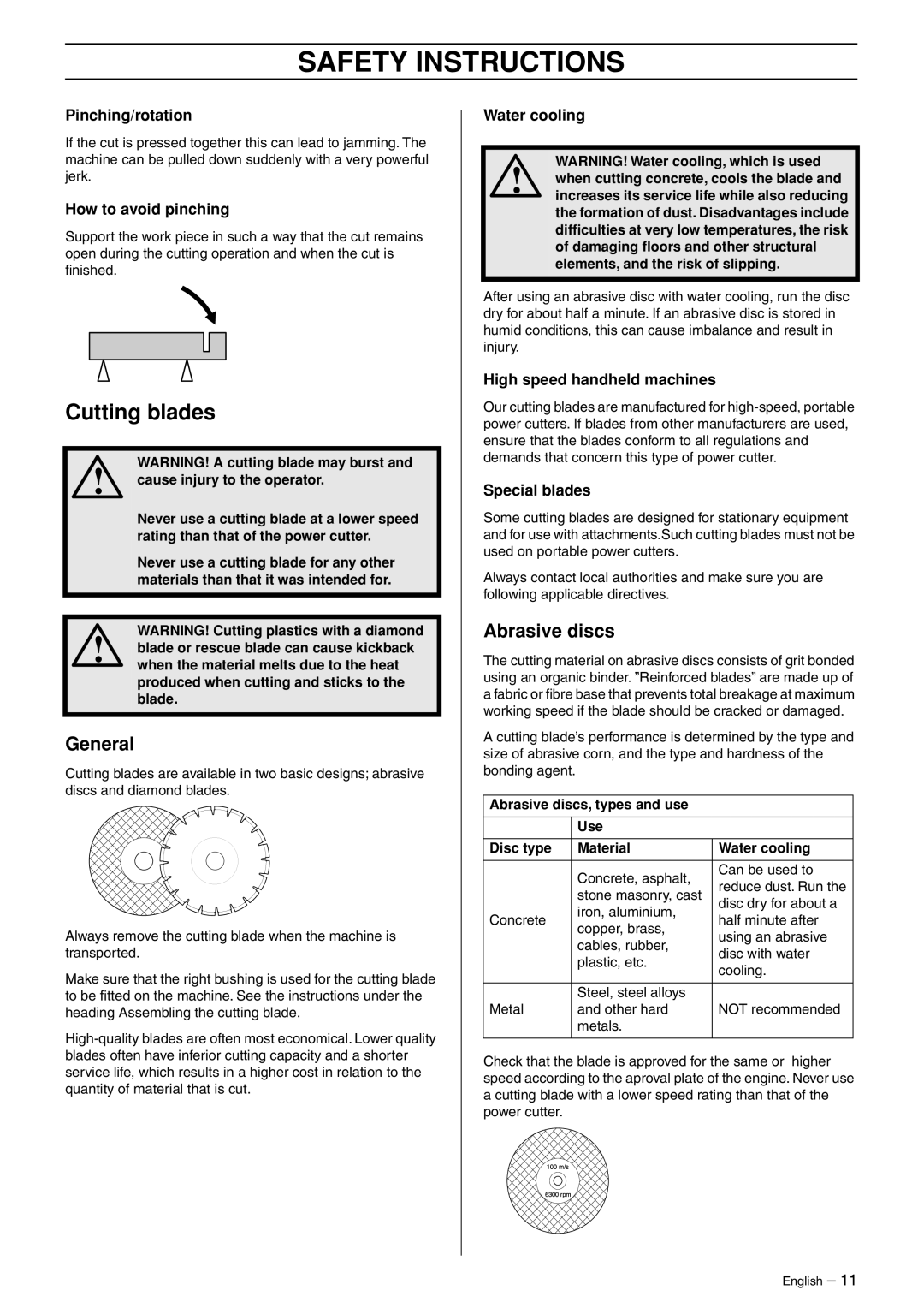 Husqvarna K950 manual Cutting blades, General, Abrasive discs 