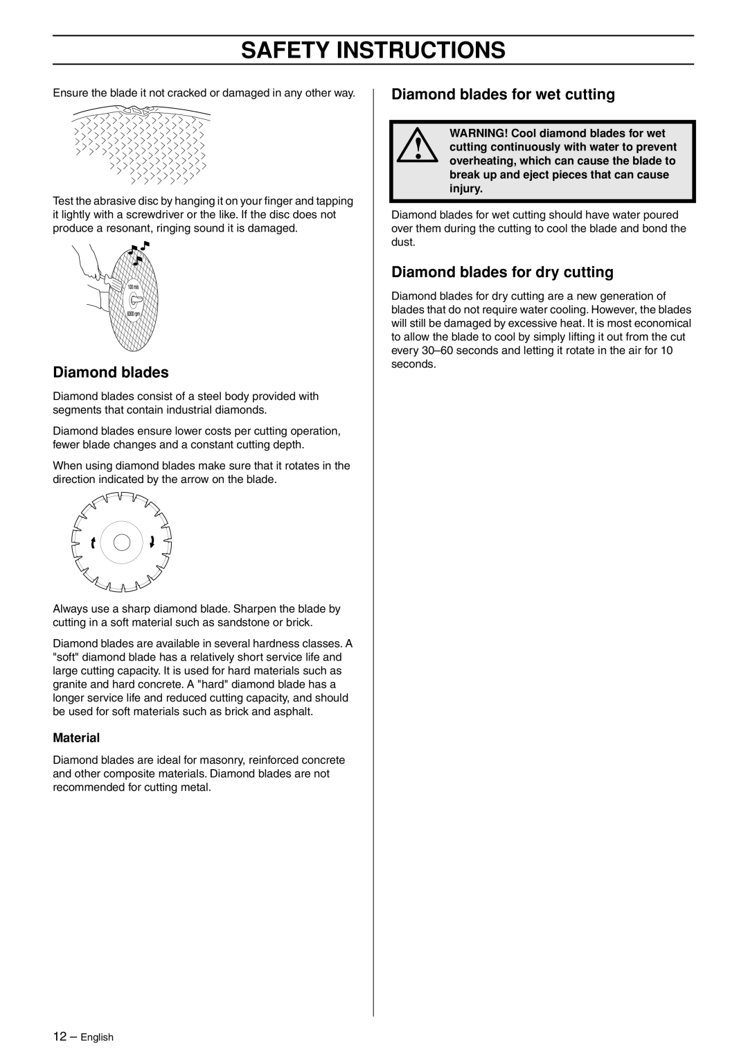 Husqvarna K950 manual Diamond blades for wet cutting, Diamond blades for dry cutting, Material 