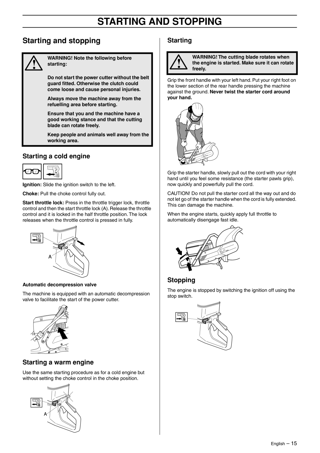 Husqvarna K950 manual Starting and Stopping, Starting and stopping 