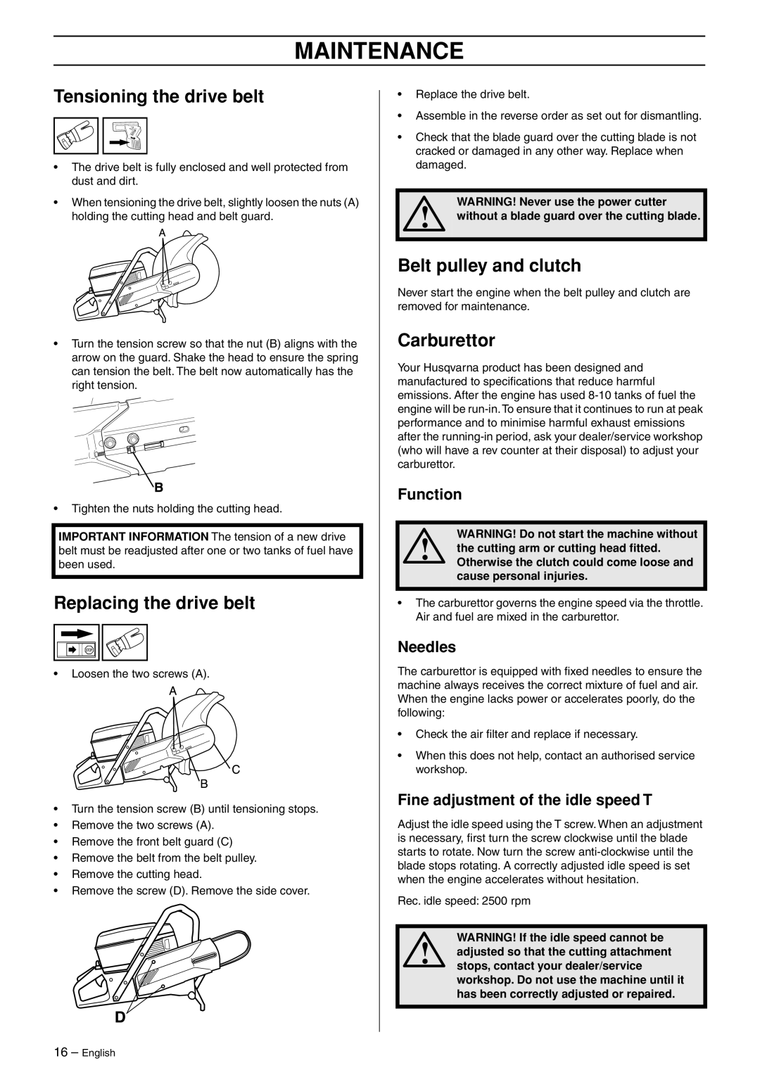 Husqvarna K950 manual Maintenance, Tensioning the drive belt, Replacing the drive belt, Belt pulley and clutch, Carburettor 