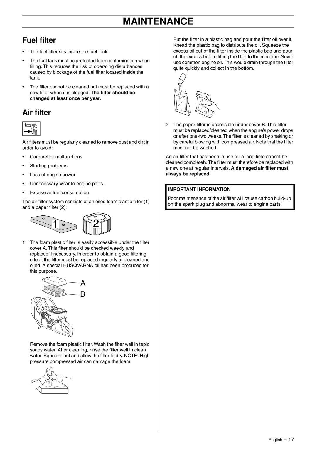 Husqvarna K950 manual Fuel ﬁlter, Air ﬁlter 