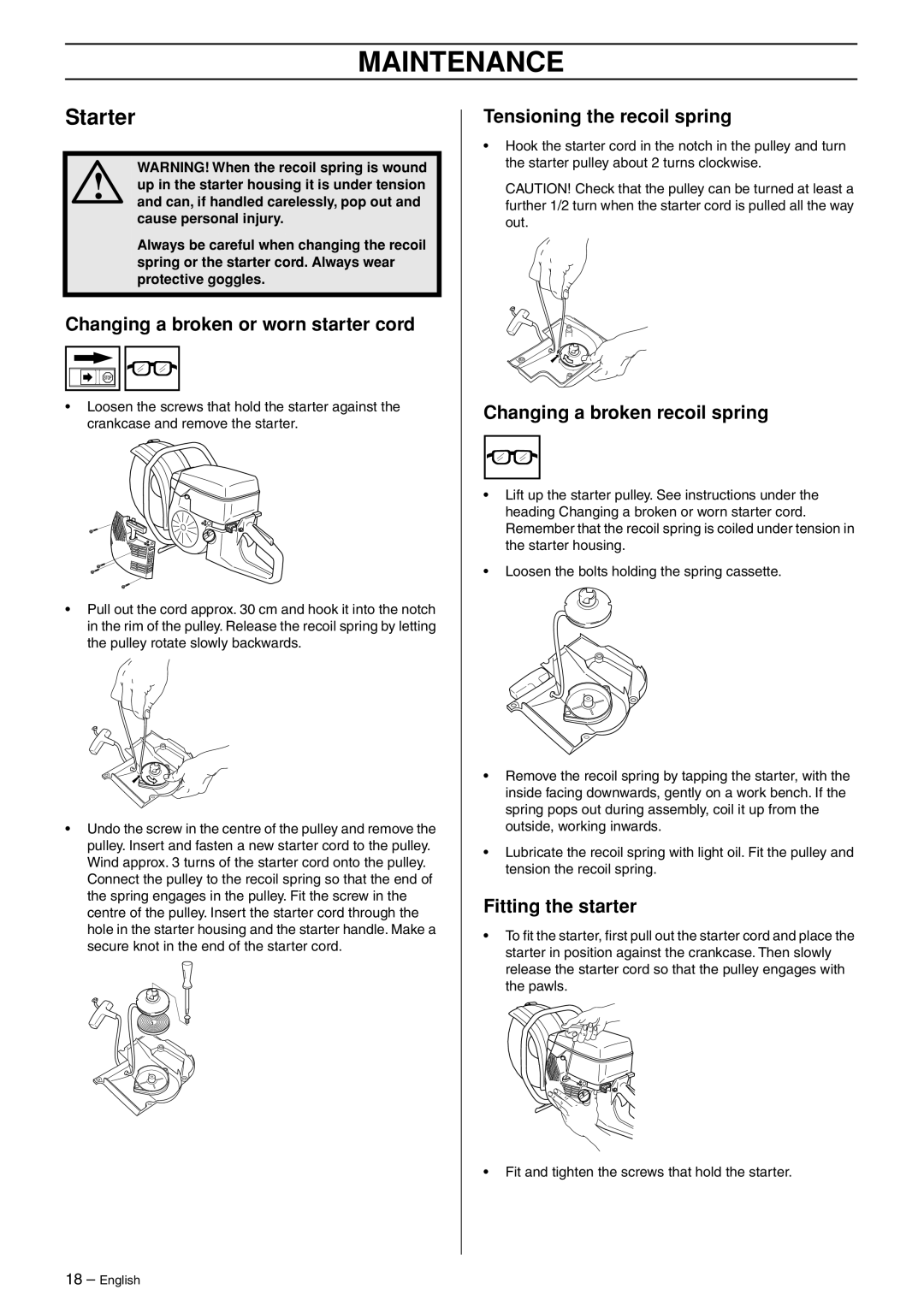 Husqvarna K950 manual Starter, Changing a broken or worn starter cord, Tensioning the recoil spring, Fitting the starter 