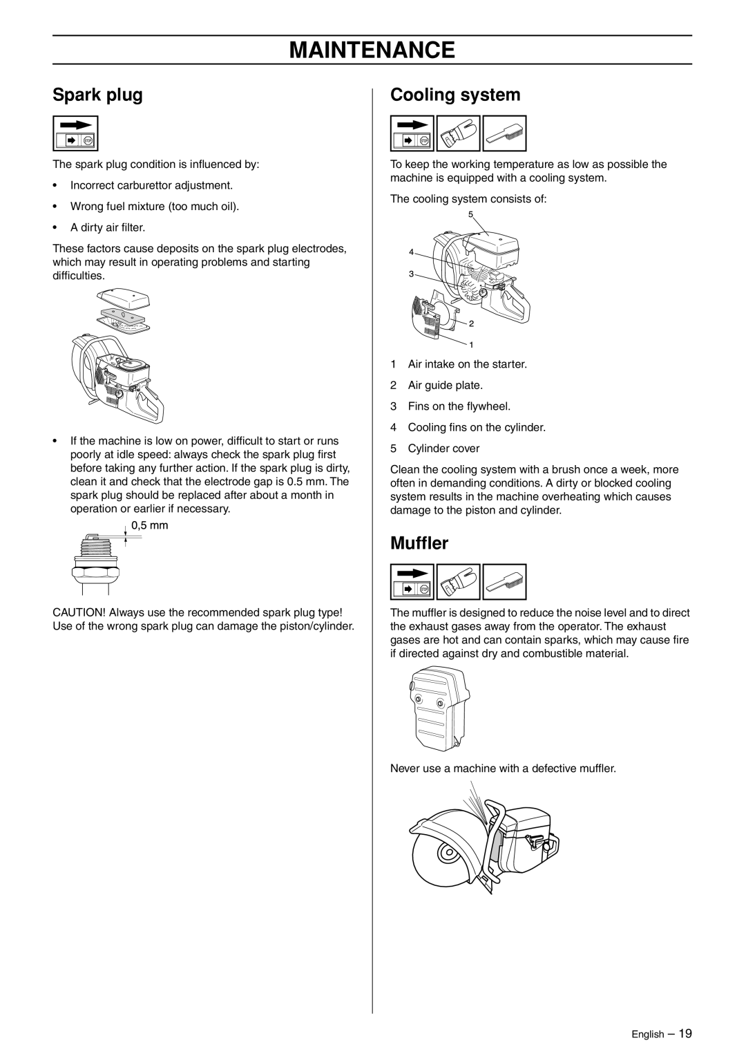 Husqvarna K950 manual Spark plug, Cooling system, Mufﬂer 