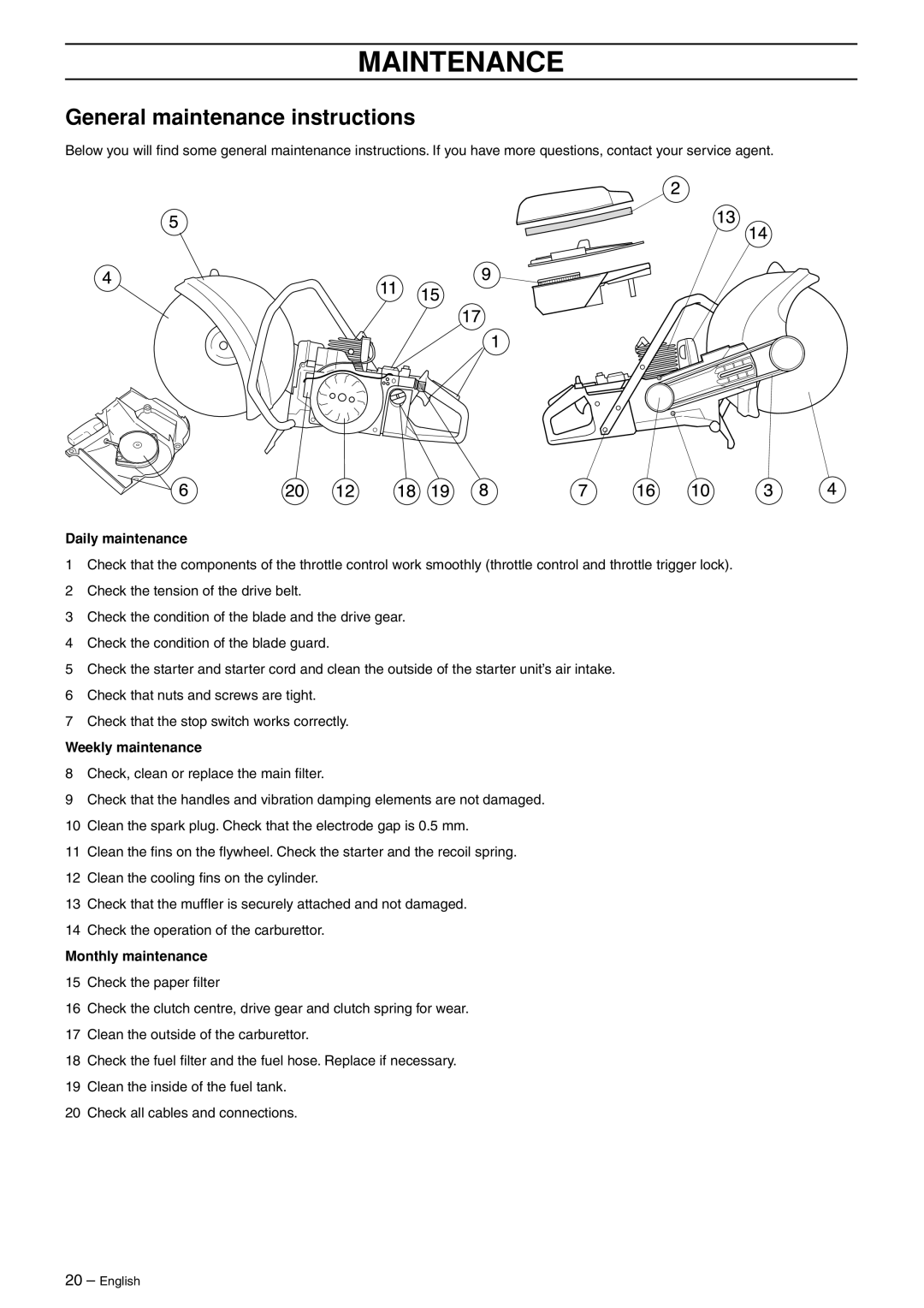 Husqvarna K950 manual General maintenance instructions, Daily maintenance, Weekly maintenance, Monthly maintenance 