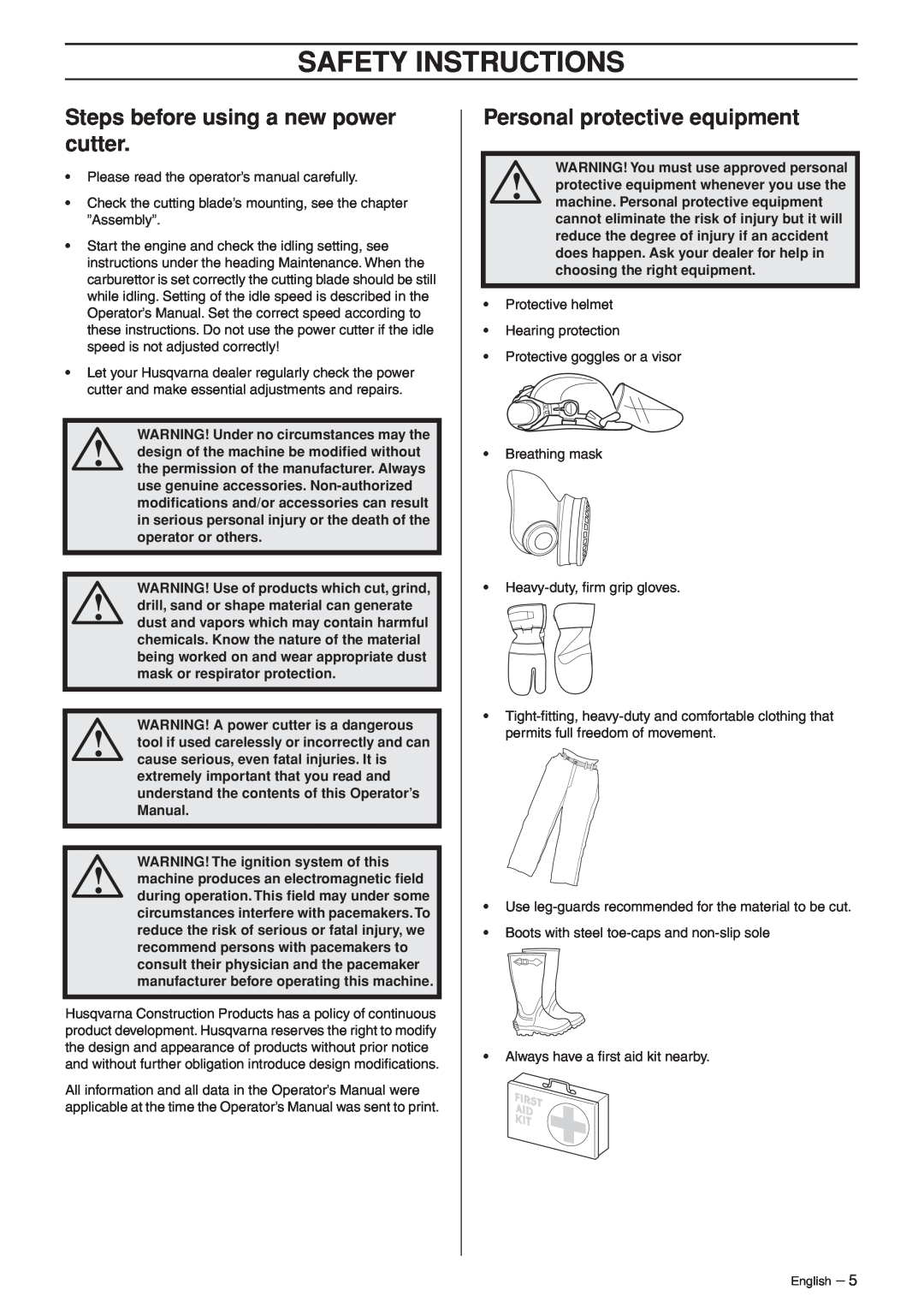 Husqvarna K950 manual Safety Instructions, Steps before using a new power cutter, Personal protective equipment 
