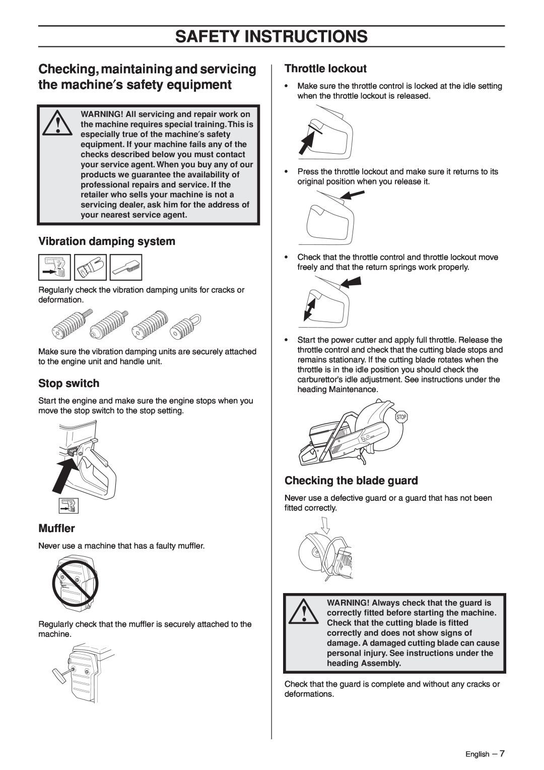 Husqvarna K950 manual Checking the blade guard, Safety Instructions, Vibration damping system, Stop switch, Mufﬂer 