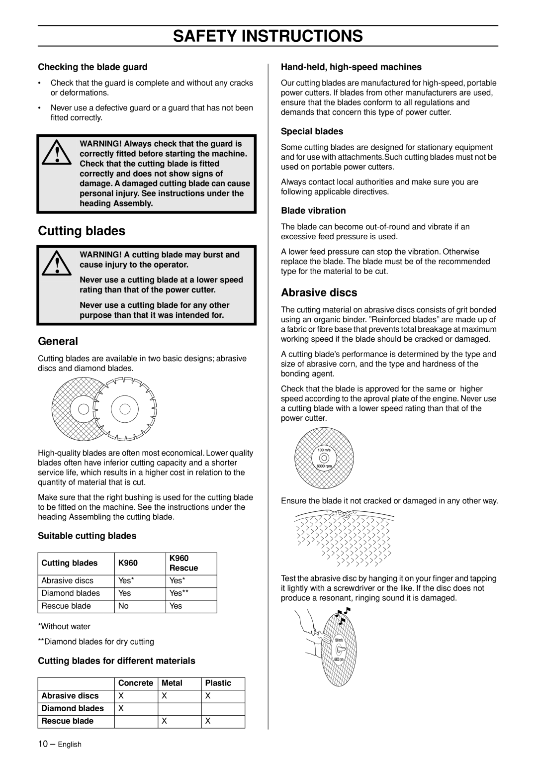 Husqvarna K960 Rescue manual Cutting blades, General, Abrasive discs 