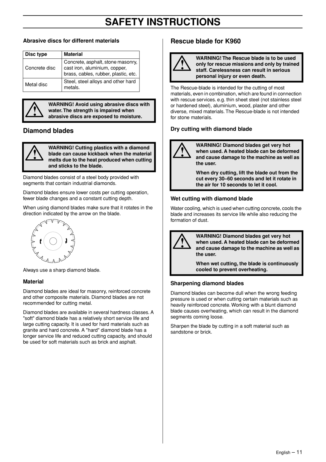 Husqvarna K960 Rescue manual Diamond blades, Rescue blade for K960 