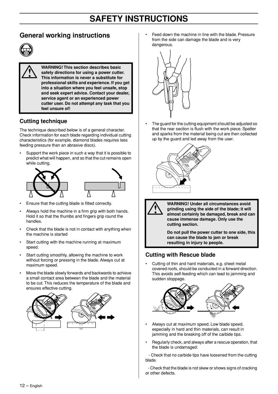 Husqvarna K960 Rescue manual General working instructions, Cutting technique, Cutting with Rescue blade 