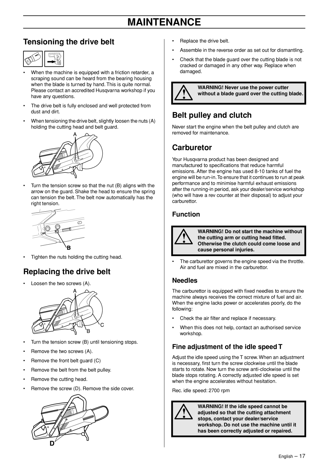 Husqvarna K960 Rescue Maintenance, Tensioning the drive belt, Replacing the drive belt, Belt pulley and clutch, Carburetor 