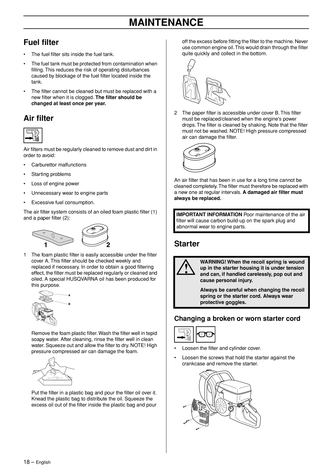 Husqvarna K960 Rescue manual Fuel ﬁlter, Air ﬁlter, Starter, Changing a broken or worn starter cord 