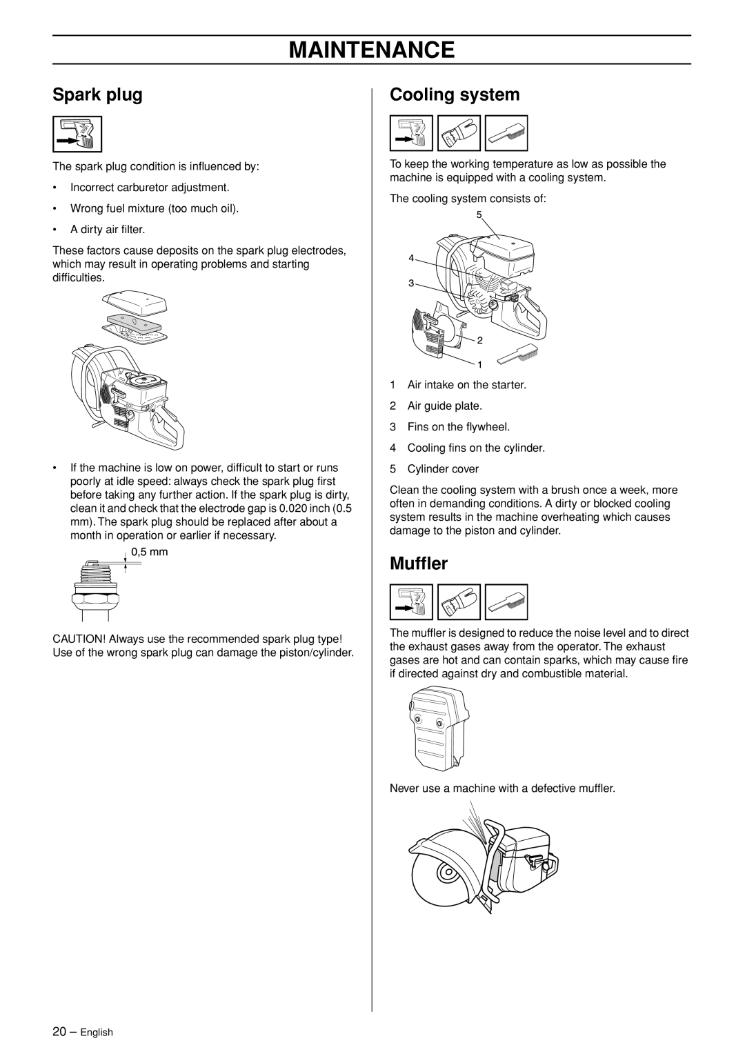 Husqvarna K960 Rescue manual Spark plug, Cooling system, Mufﬂer 